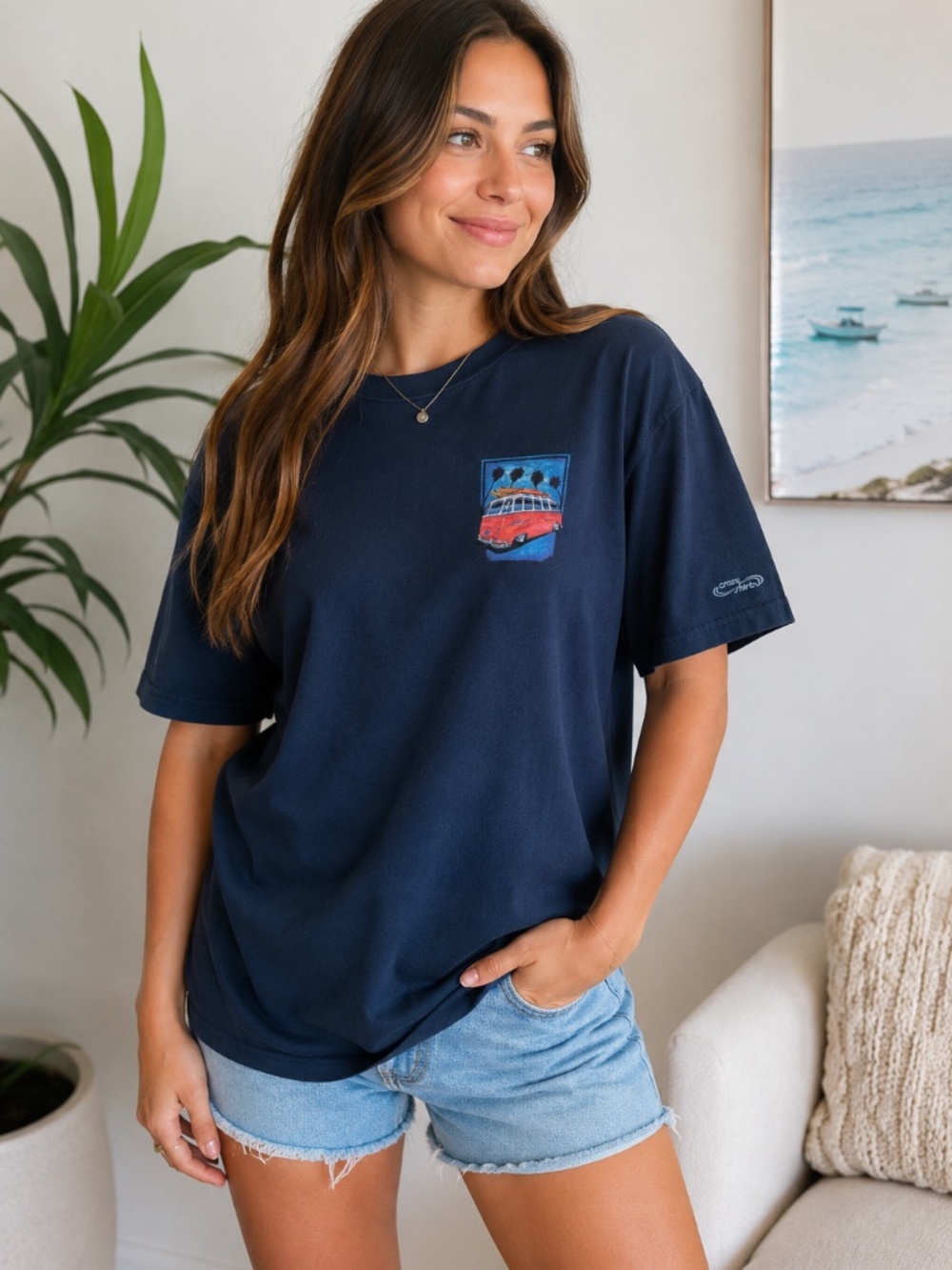 Crazy Shirts Hawaii VW Bus Graphic T-Shirt Women's Large Blue Cotton Y2K Surf